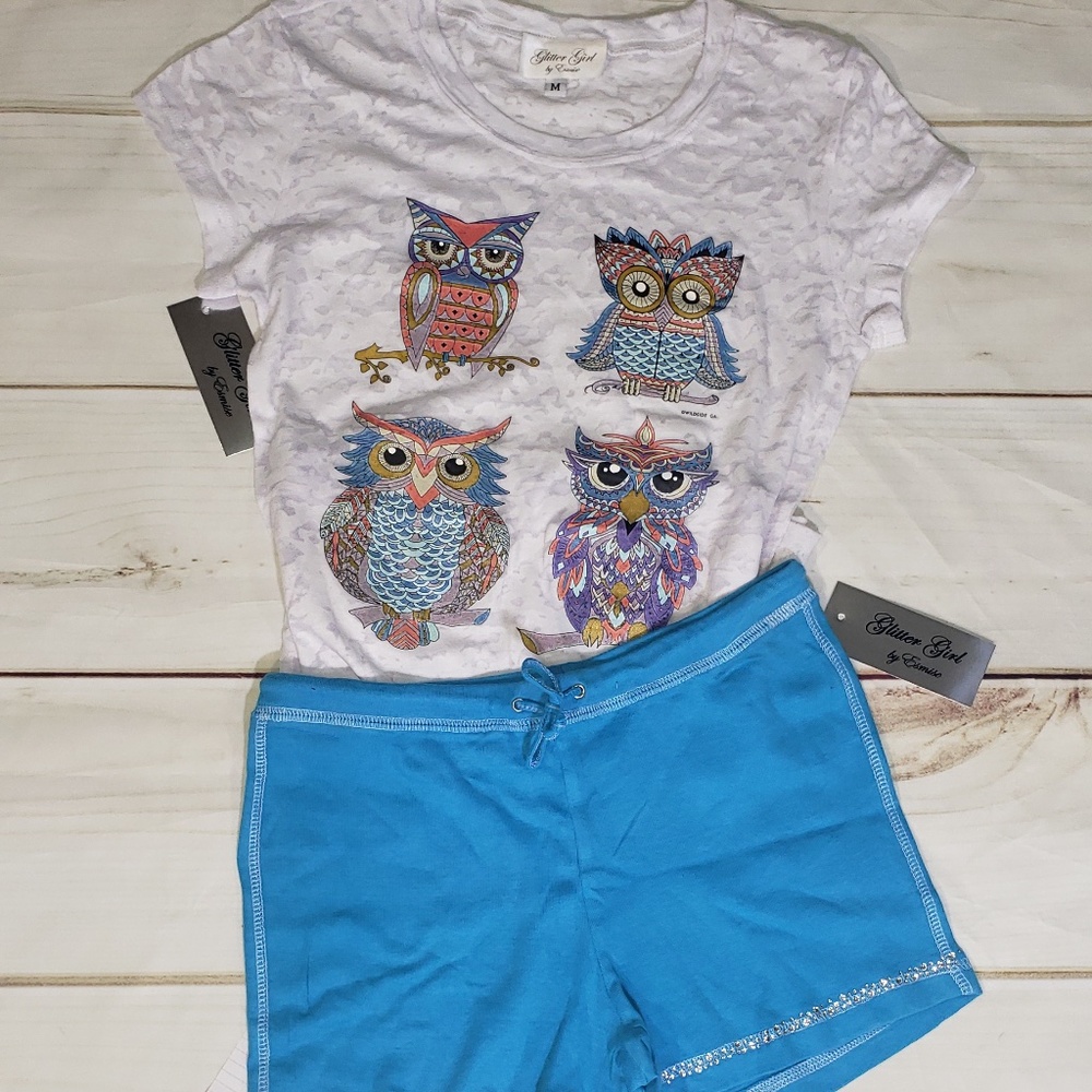 Short Sleeve Burnout Owl T shirt/Rhinestone Shorts